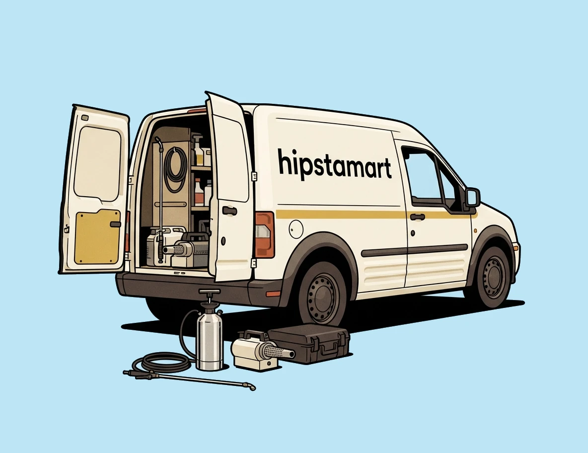 Машина hipstamart с открытым багажником и оборудованием для обработки